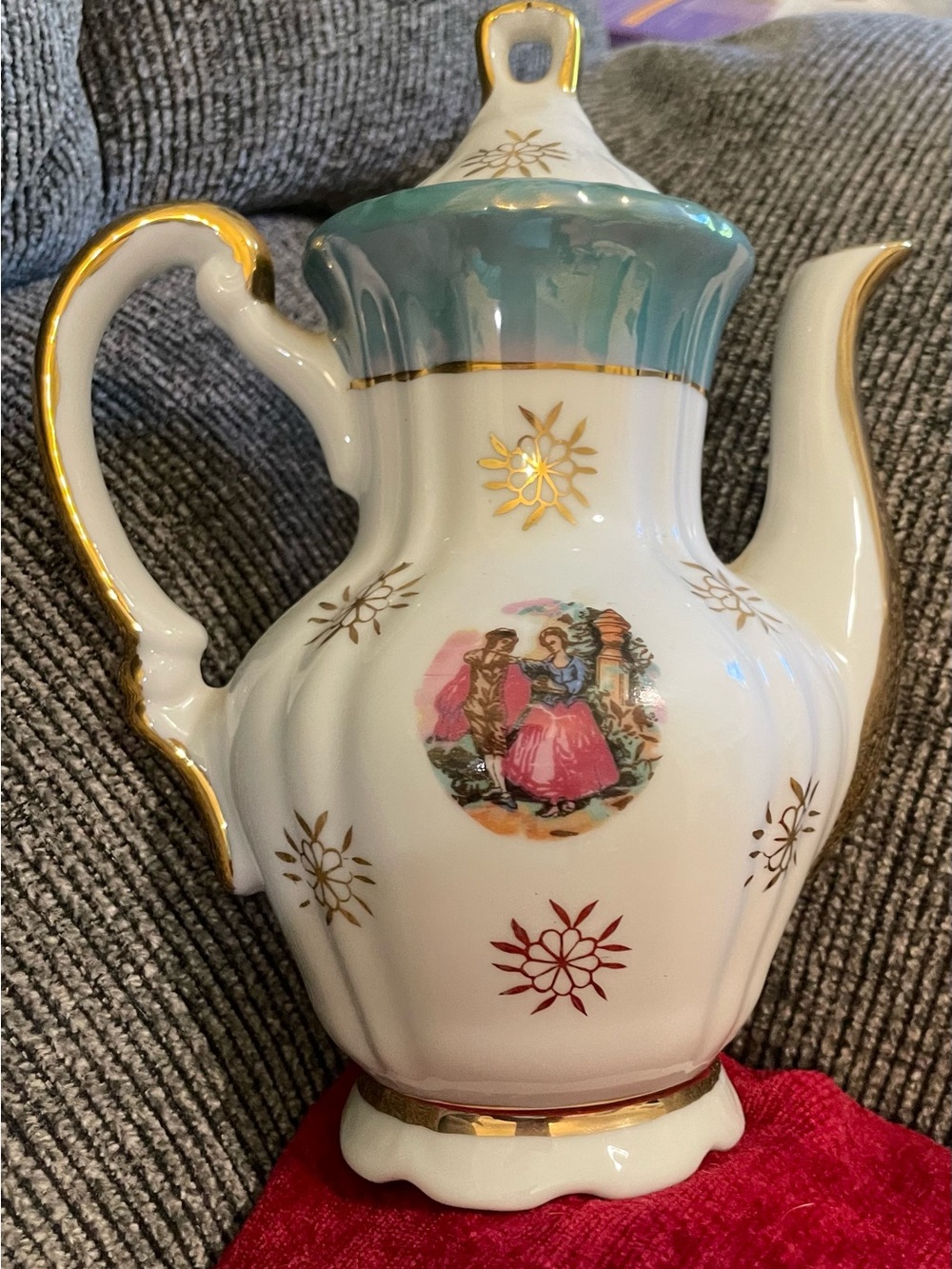 Vintage-Style White Porcelain Teapot with Gold Trim and Aqua Accent